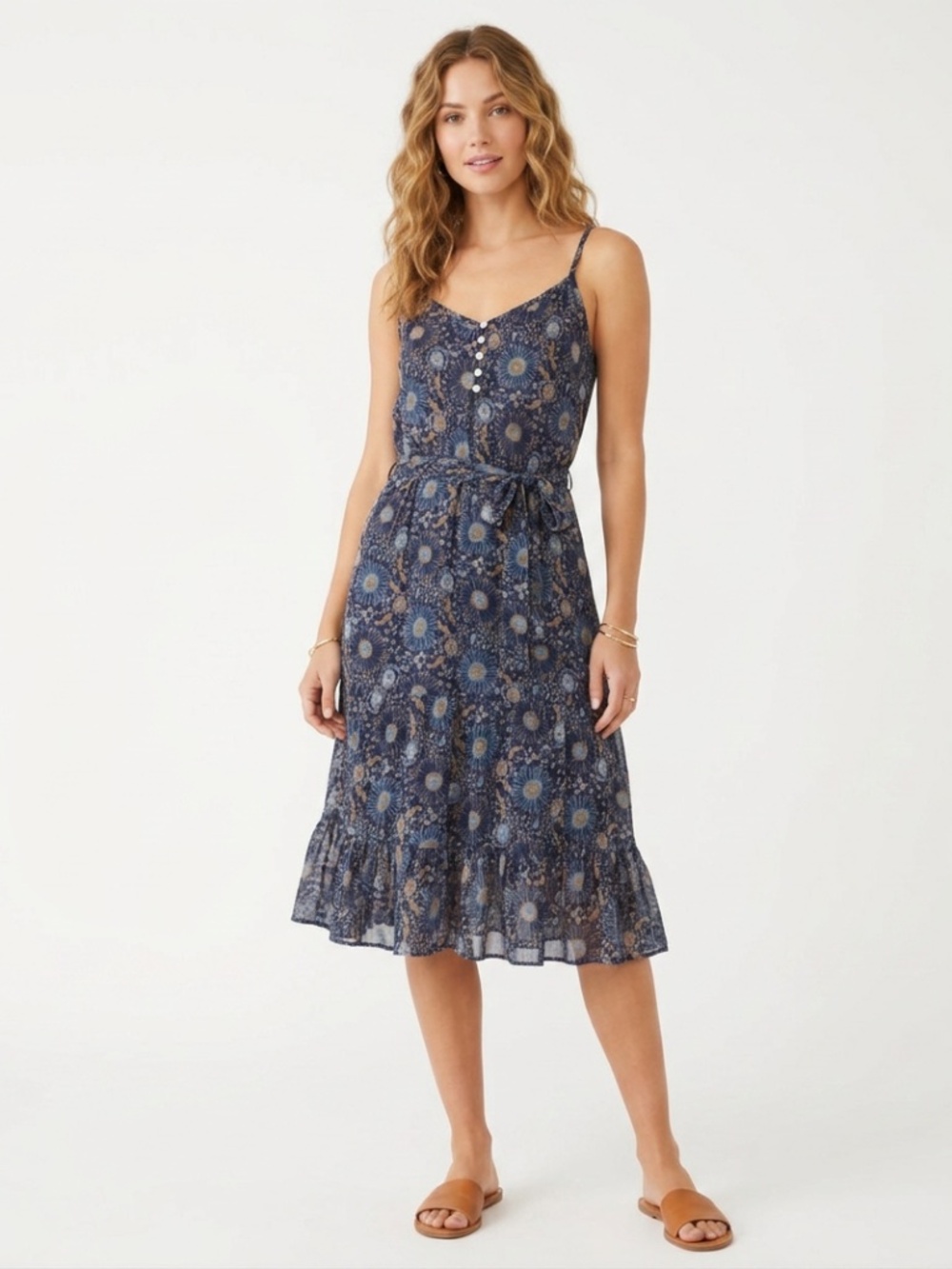 Banana Republic Floral Sunburst Sundress Women Size 0 Blue Boho Ruffle‎ Midi